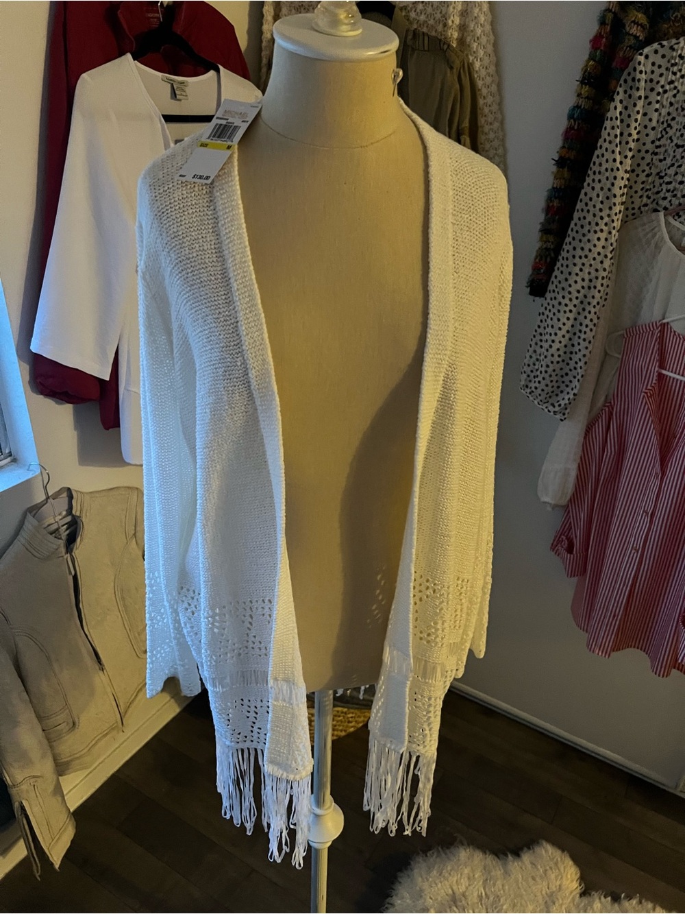 Michael Kors White Open-Front Fringe Knit Cardigan